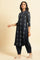 Navy Blue Printed Cotton Kurta & Pleated Pants Set