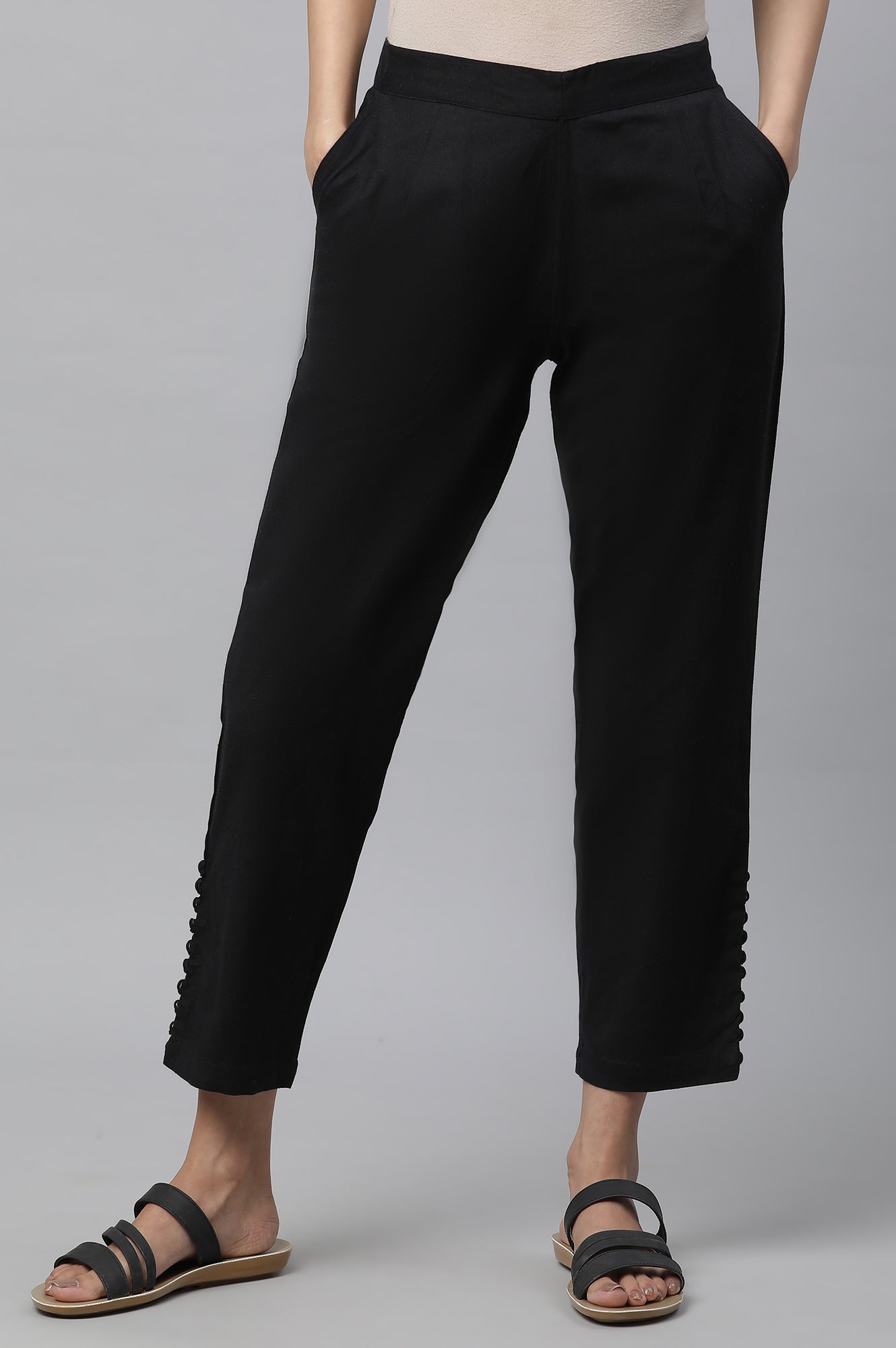 Black Solid Straight Fit Cotton Pants With Button Detail