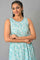 Blue Flared Floral Printed Sleeveless Dress