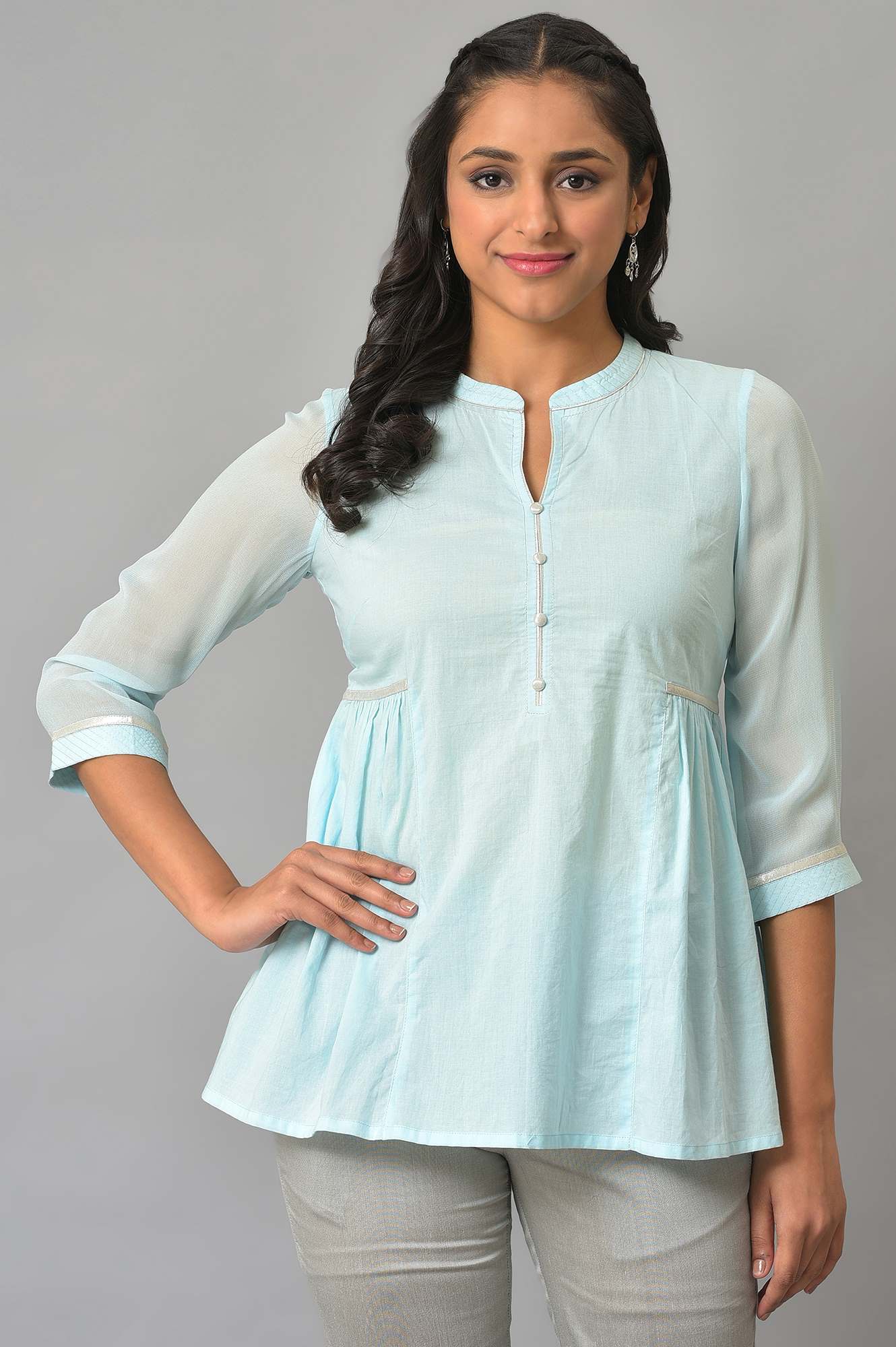 Blue Cotton Gathered Plus Size Short kurta