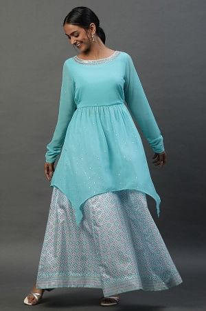 Blue Embellished Handkerchief Hemline Kurti & Skirt Set