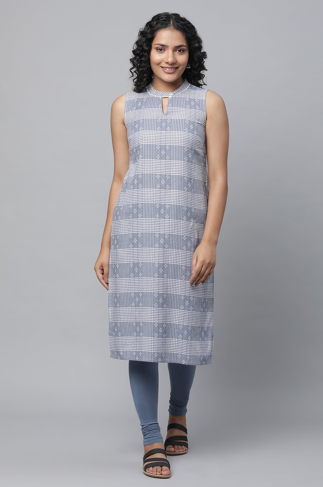 Blue Ghimgham Check kurta & Tights Set
