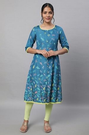 Blue Printed A line kurta & Tights Set