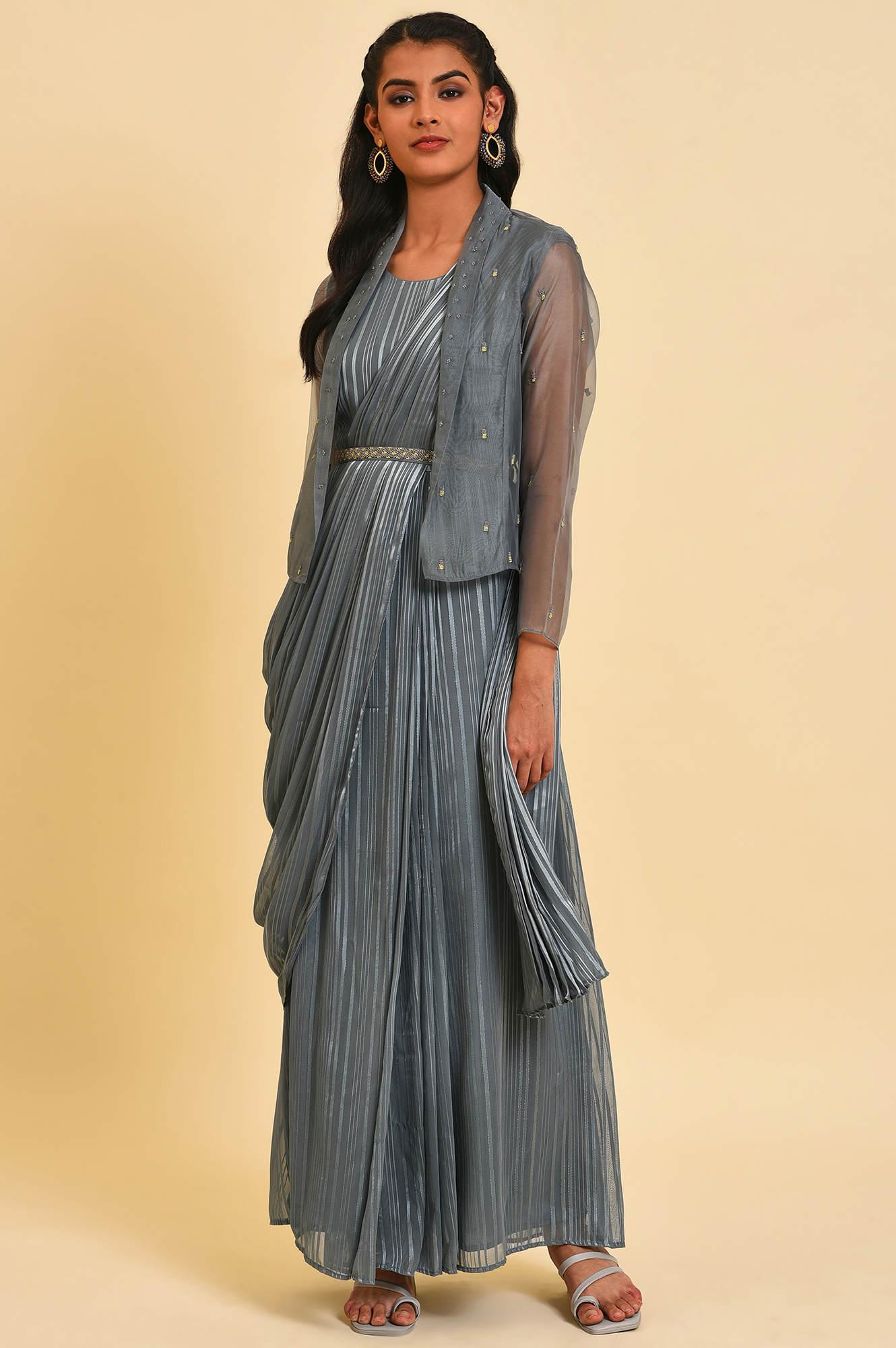 Grey Festive Predrape Saree With Short Jacket