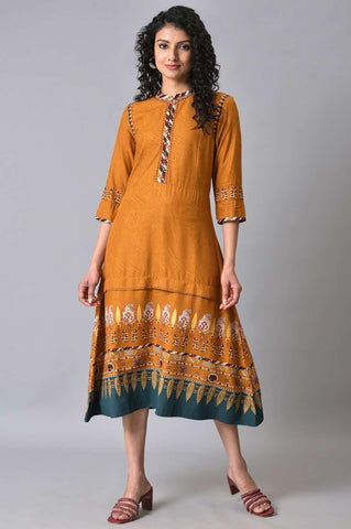 Mustard Printed A-Line Dress