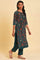 Teal Printed Embellished Neck Straight kurta