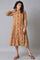 Dark Yellow Printed Pleated Plus Size Shirt Dress