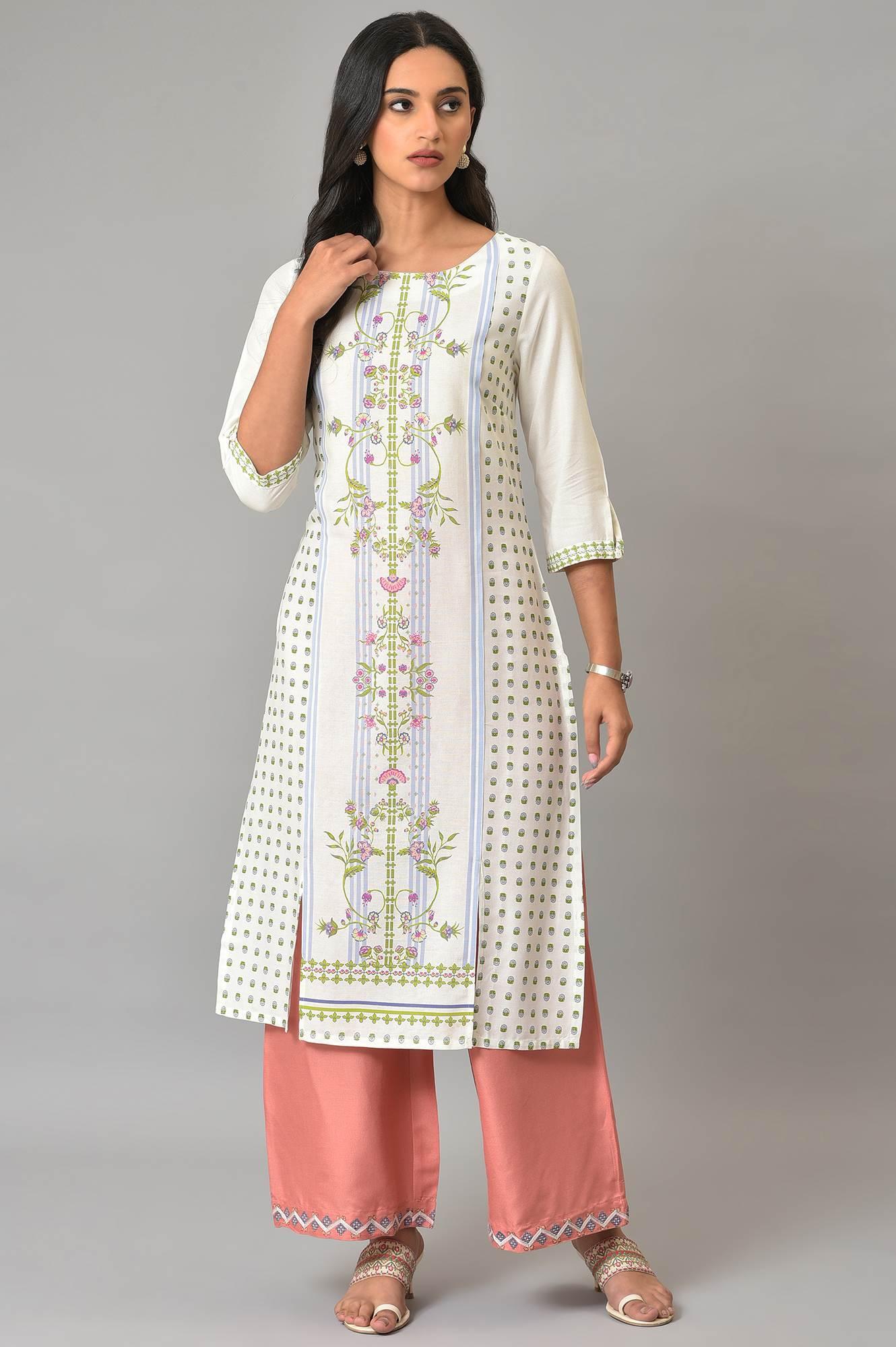 Ecru Placement Floral Printed Summer Plus Size kurta