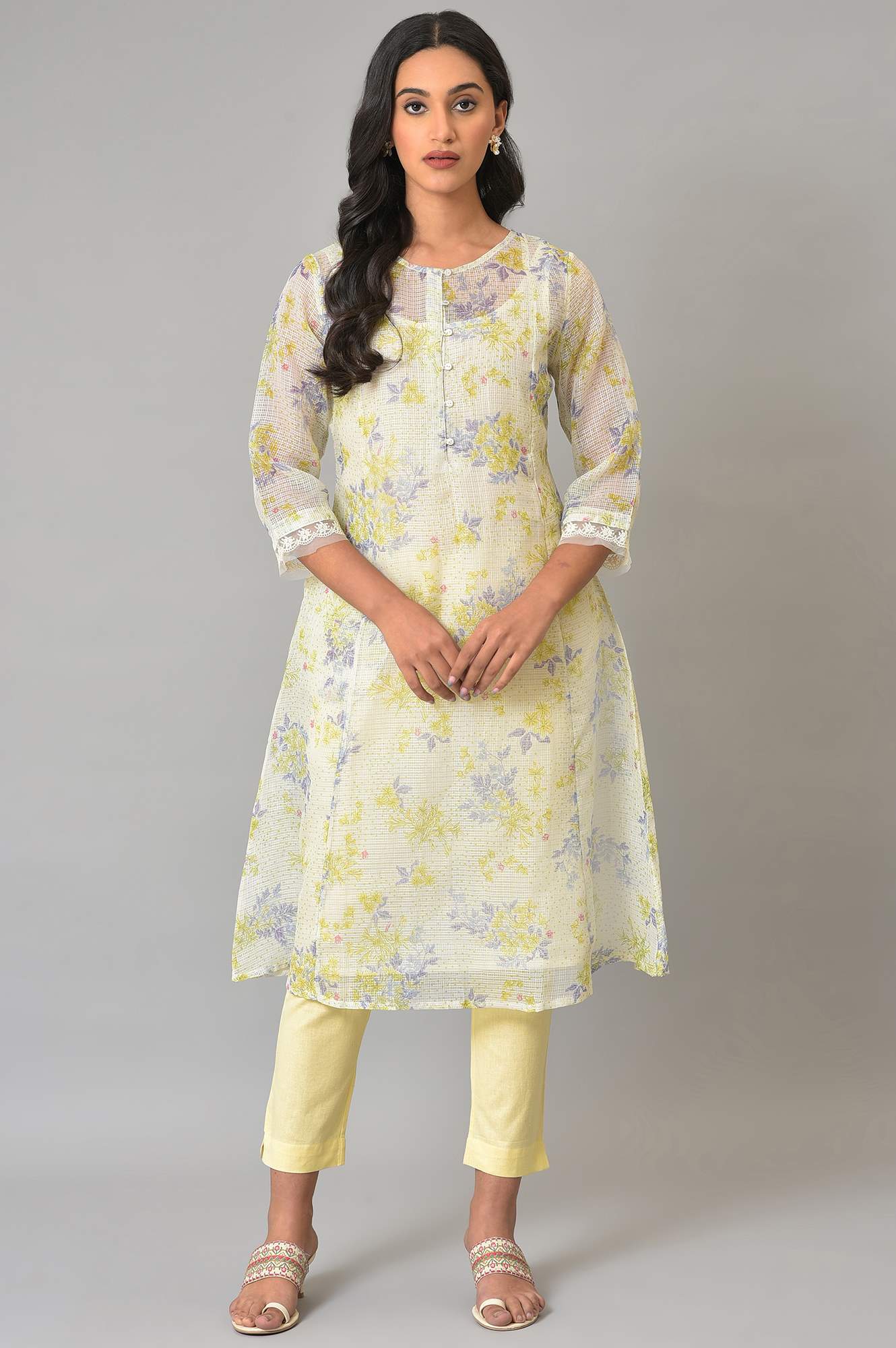 Ecru Floral Printed Kota Inner Kurta