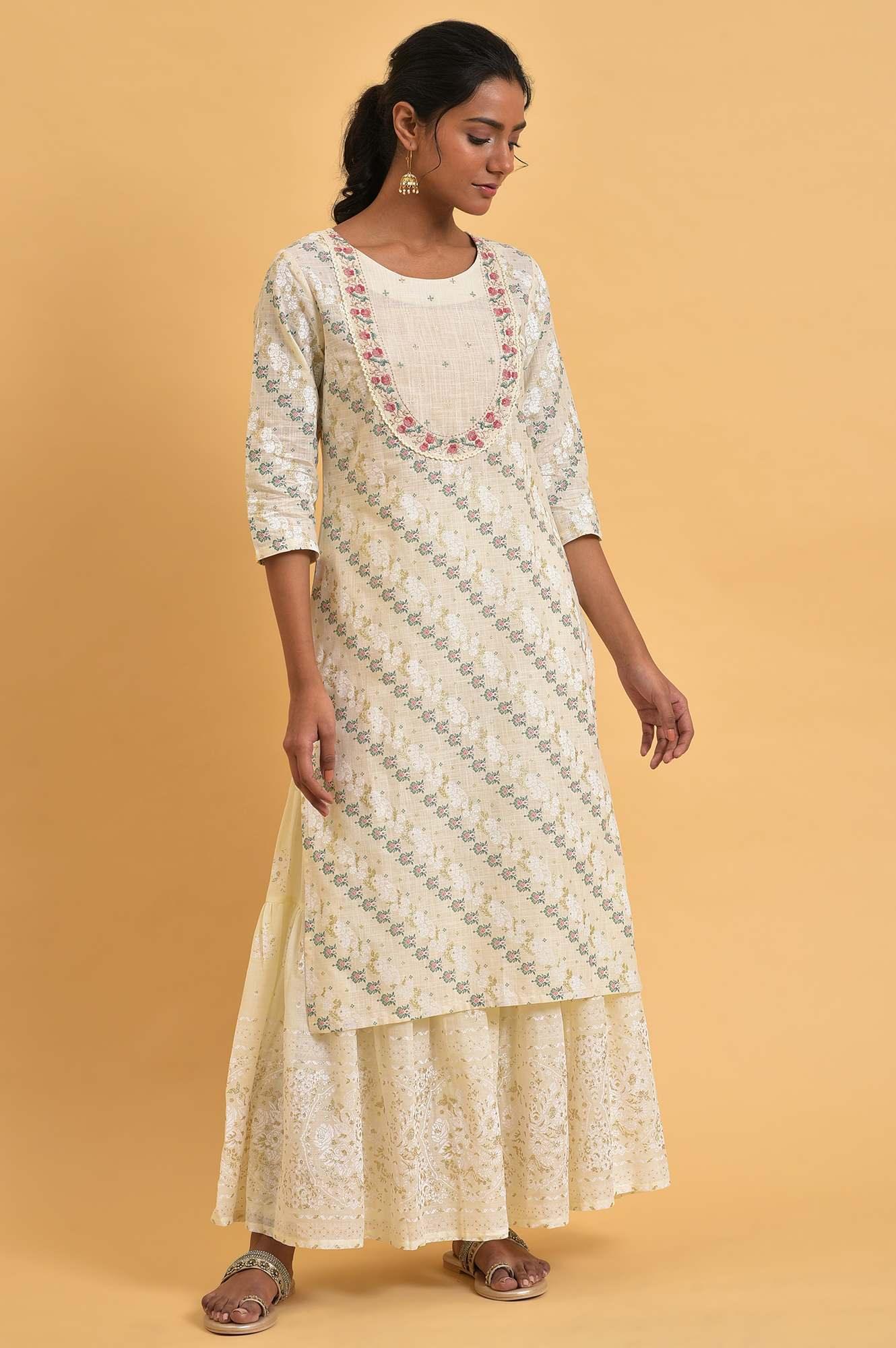 Ecru Glitter Print Round Neck kurta With Embroidery