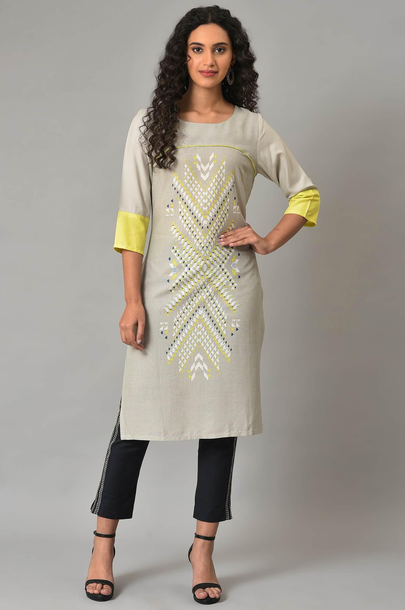 Grey Placement Print Plus Size Straight kurta