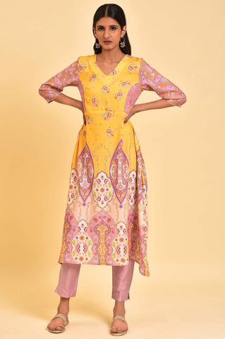 Yellow Handkerchief Patterned Cut Placement kurta