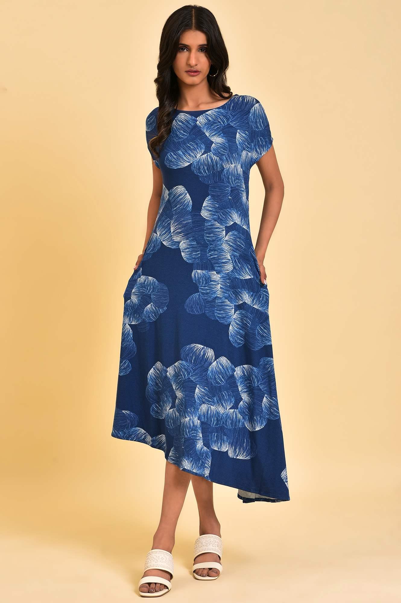 Blue Abstract Printed Waterfall Summer Dress