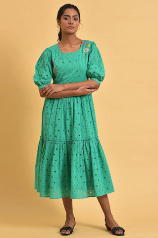 Green Schiffli Embroidered Dress