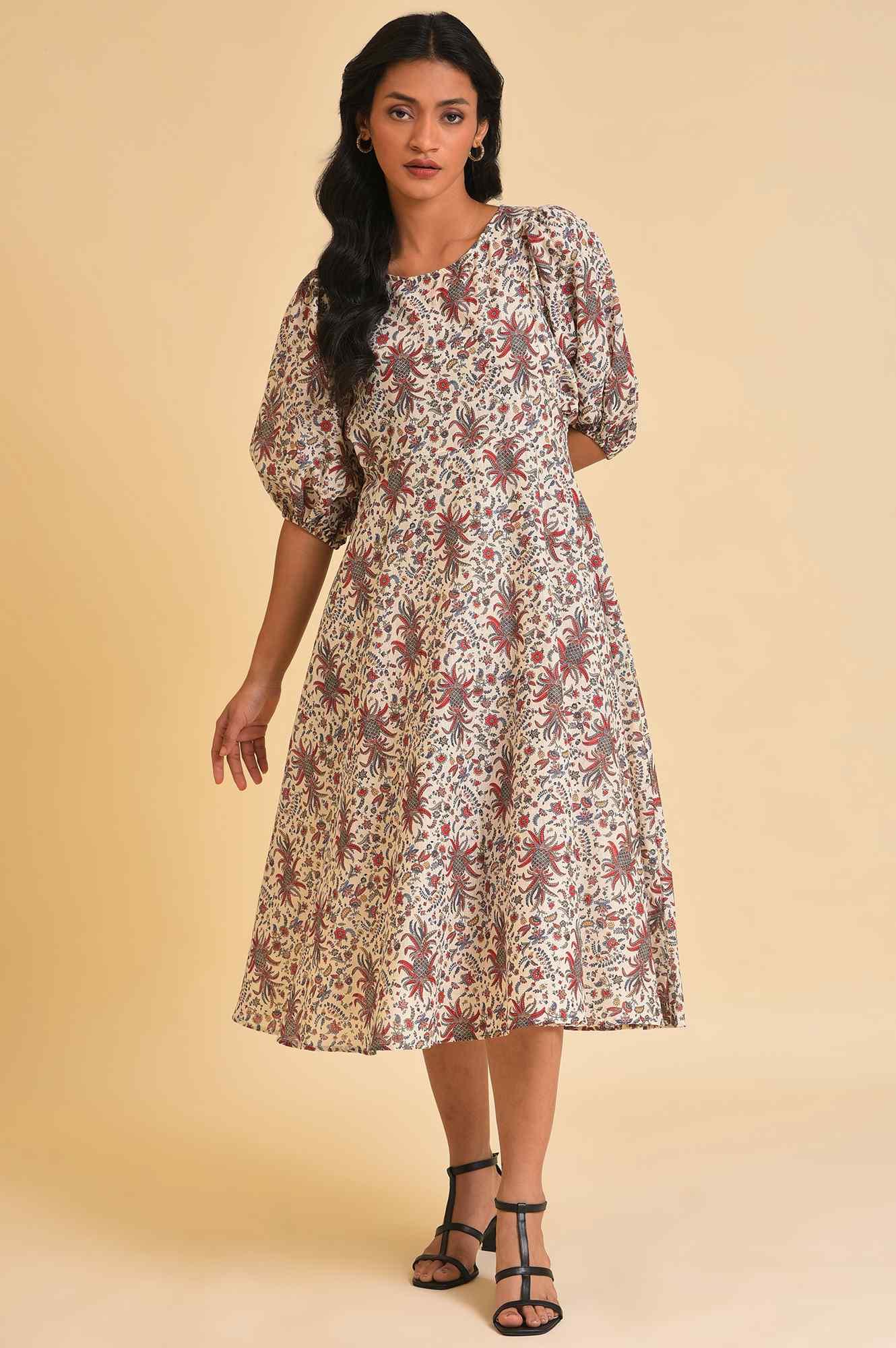 Ecru Floral Printed Midi Dress