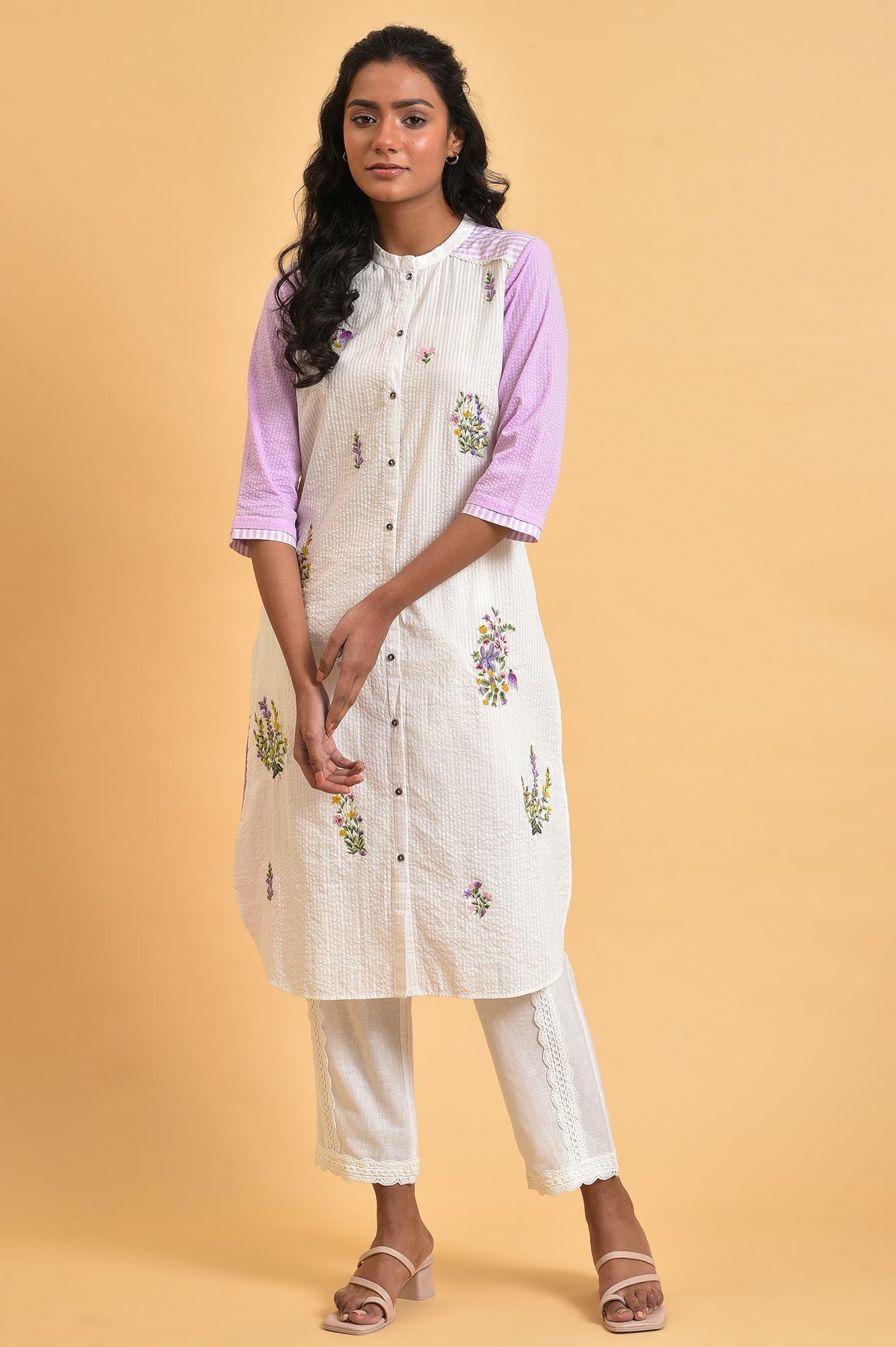 White And Light Purple Seer Sucker Embroidered Summer kurta