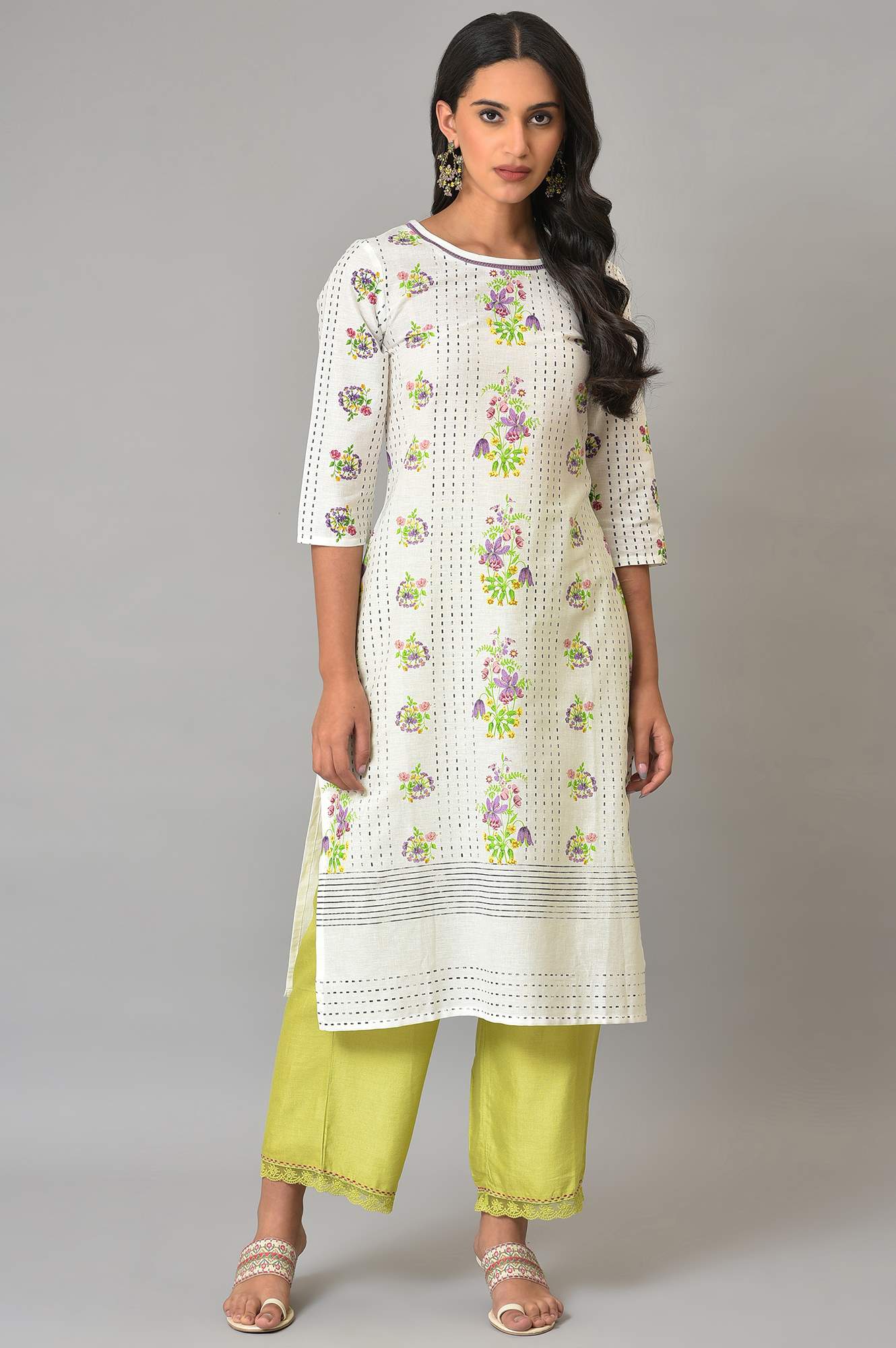 Ecru Floral Printed Cotton Kurta