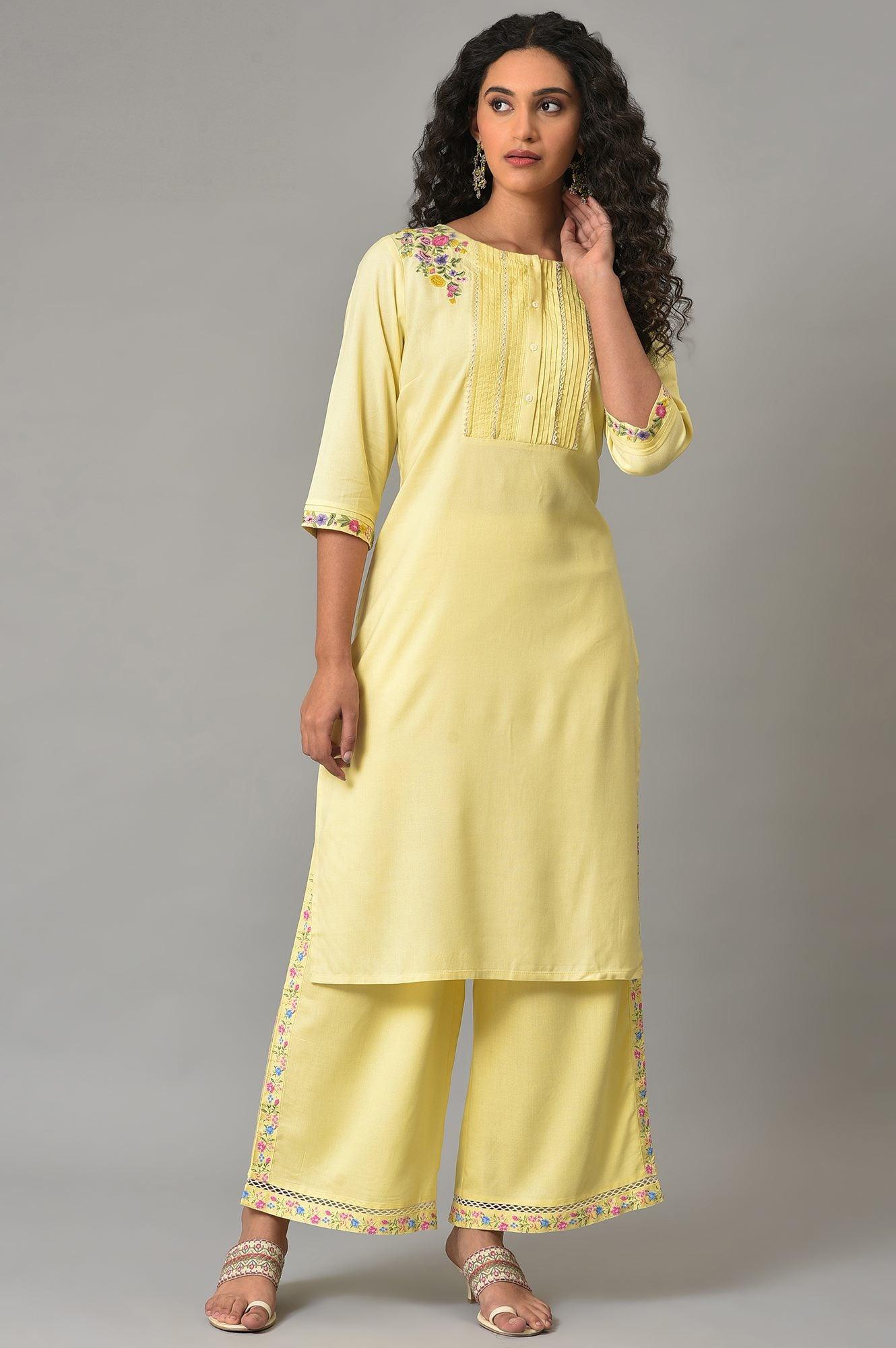 Yellow Embroidered Plus Size Summer kurta With Pleats On Yoke