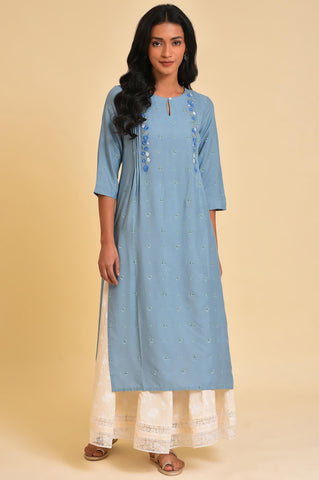 Blue Printed kurta With Embroidery