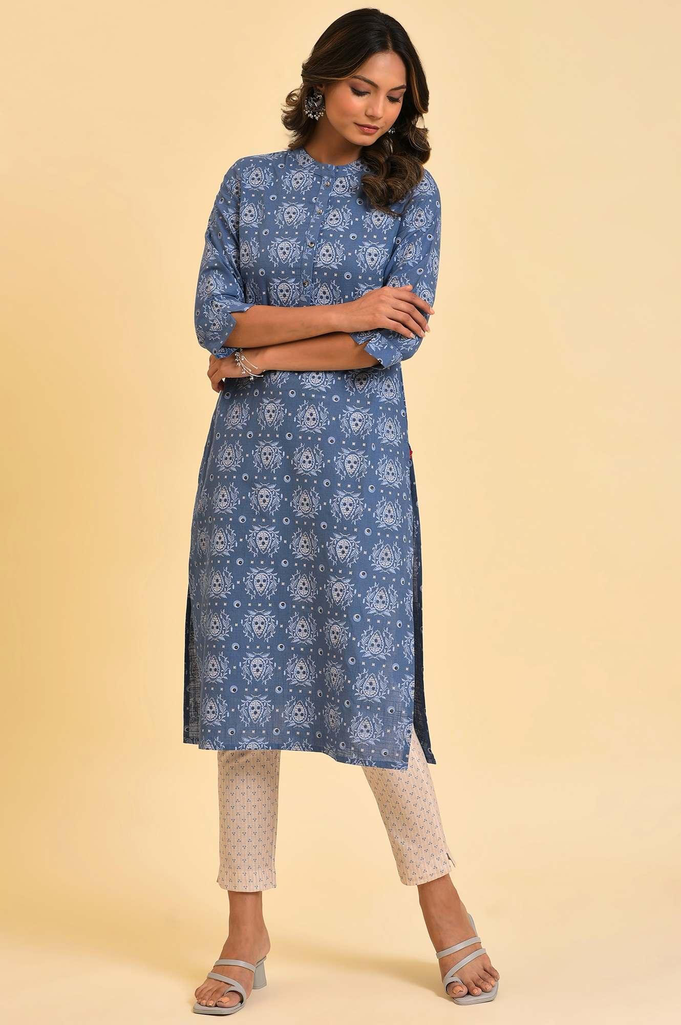 Blue Printed Straight kurta In Mandarin Collar