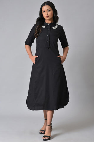 Black Cotton Embroidered Plus Size Shirt Dress