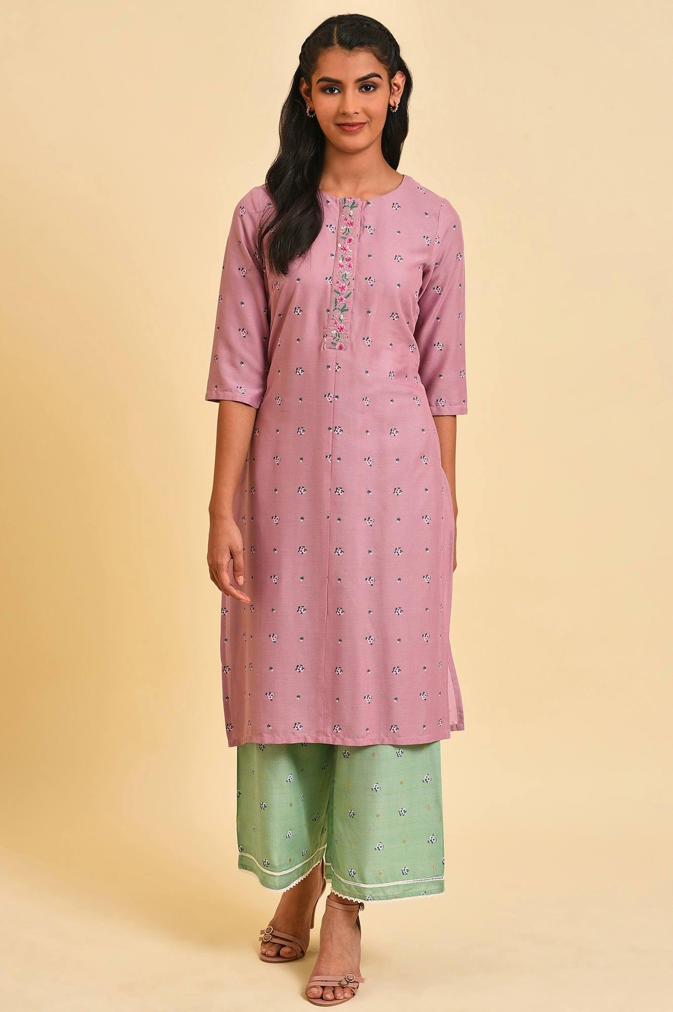 Light Purple Printed kurta With Embroidery