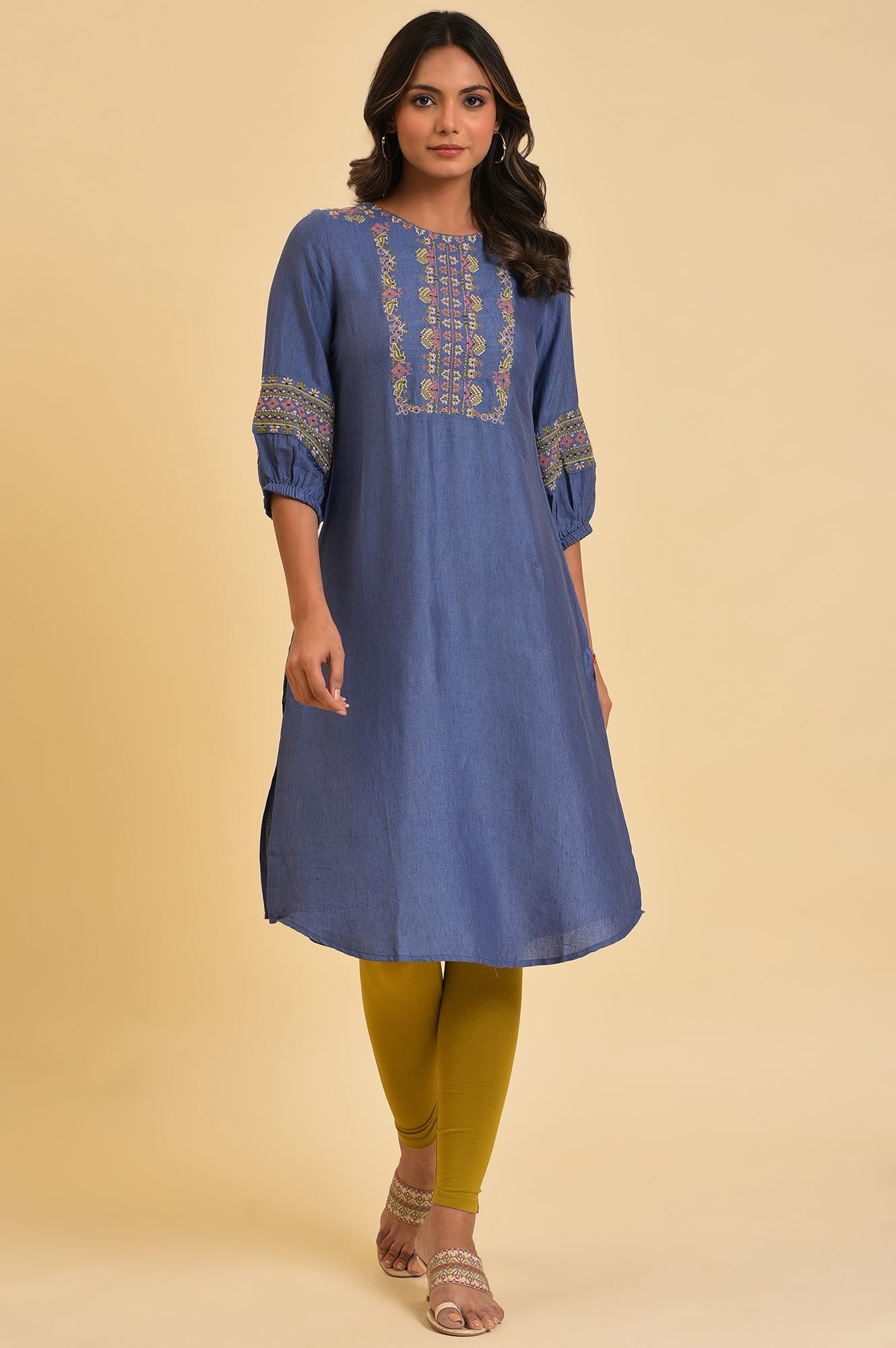 Blue Embroidered Straight kurta