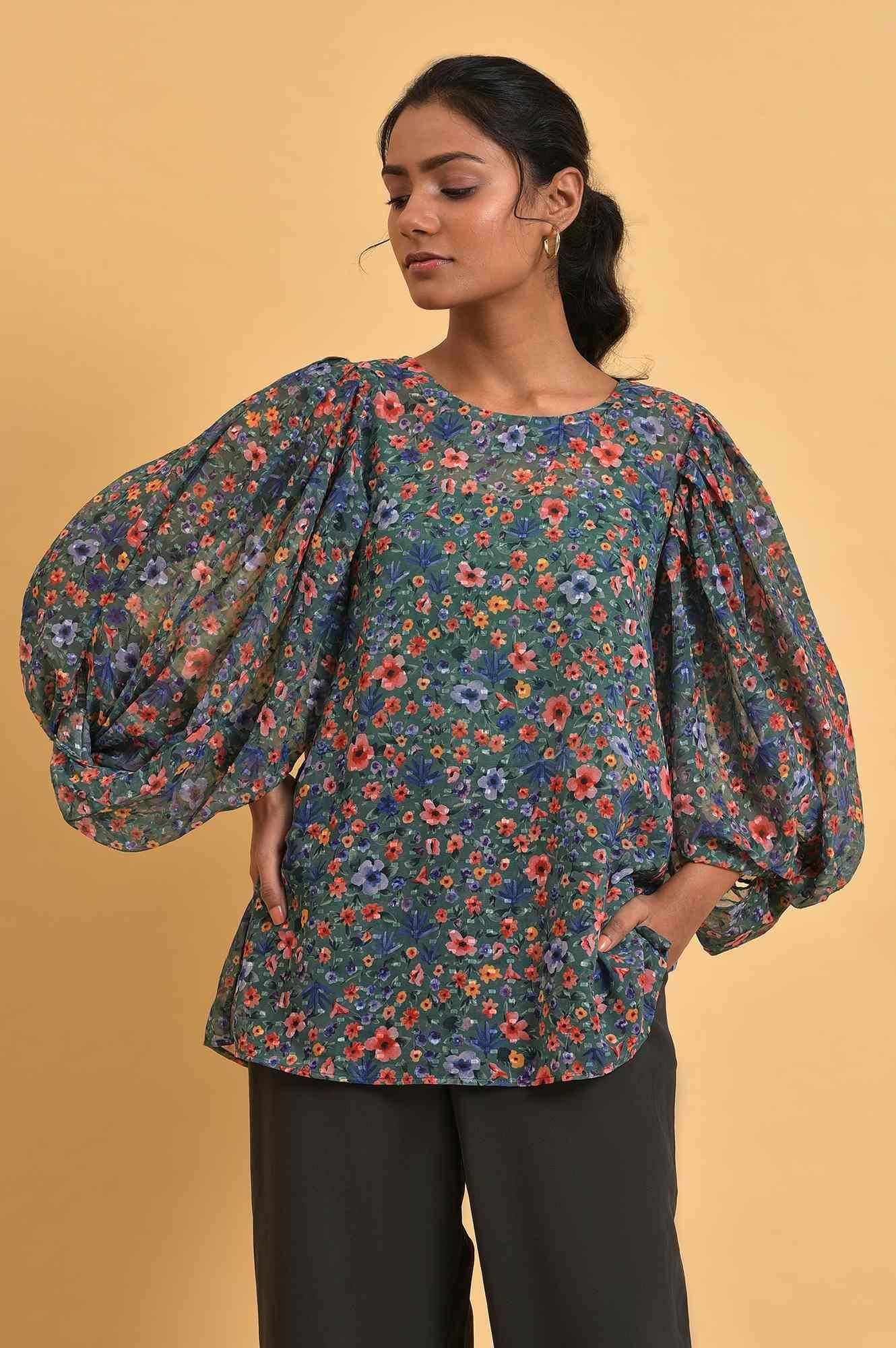 Green Floral Print Georgette Top