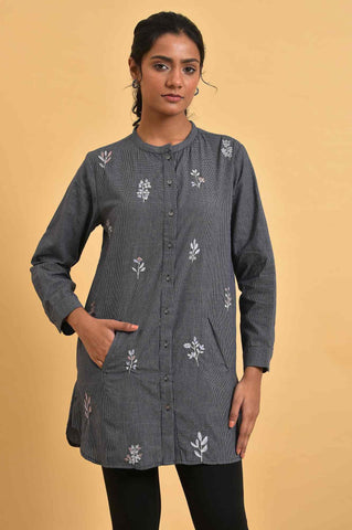 Grey Checker Embroidered Western Tunic