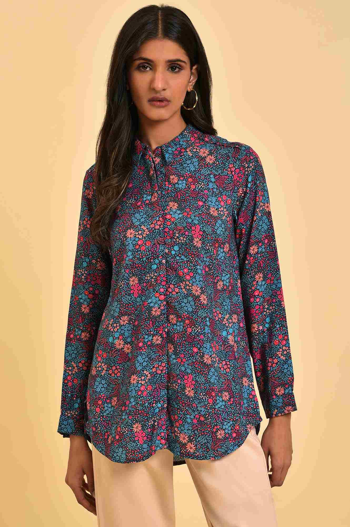 Blue Floral Printed Women Shirt