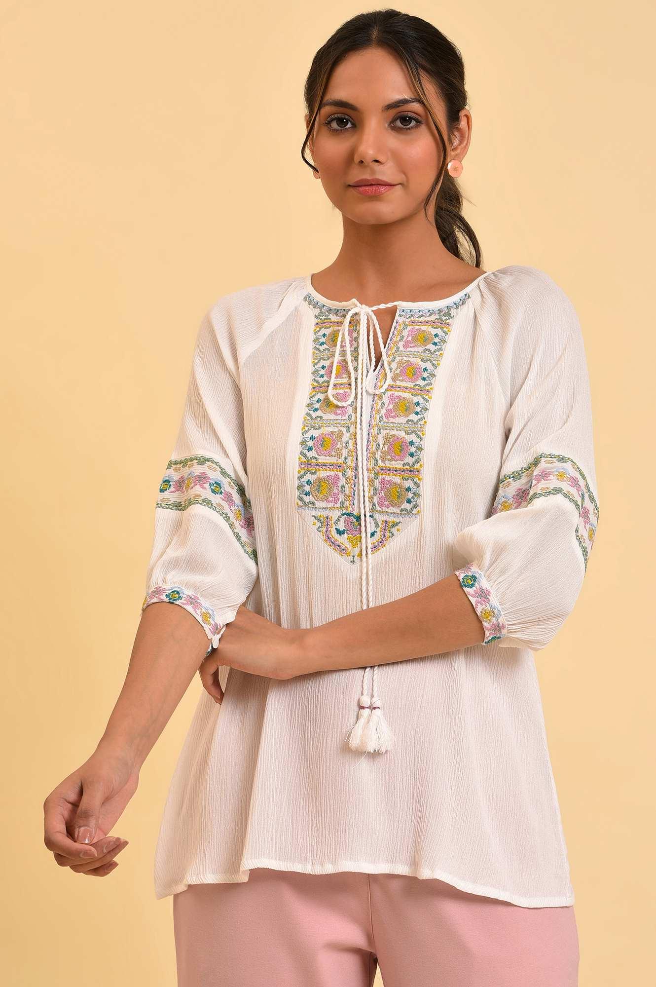 Ecru Embroidered Flared Top