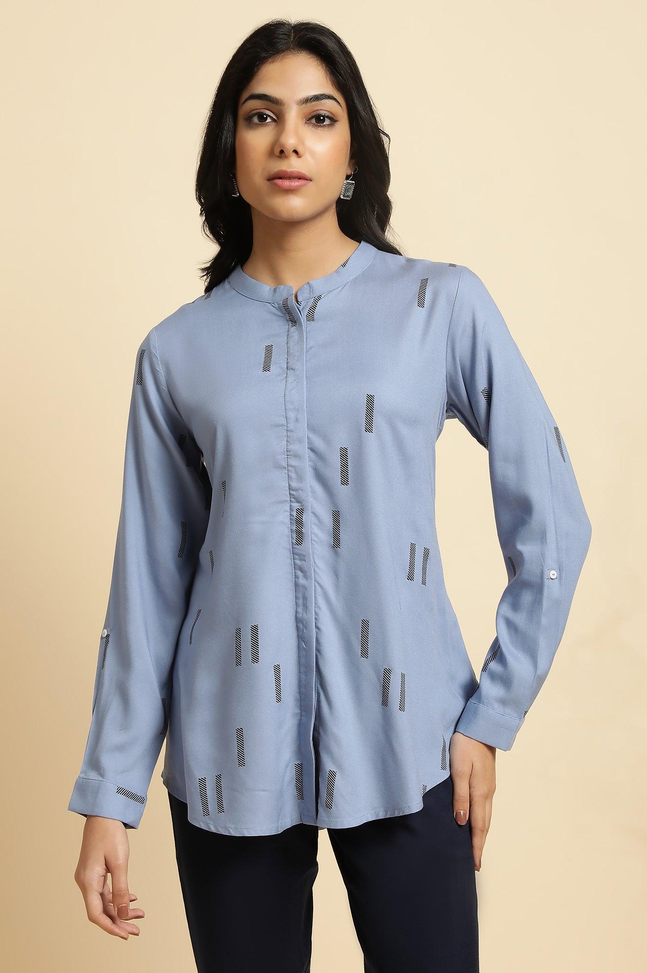 Blue Geometric Print Mandarin Collar Top