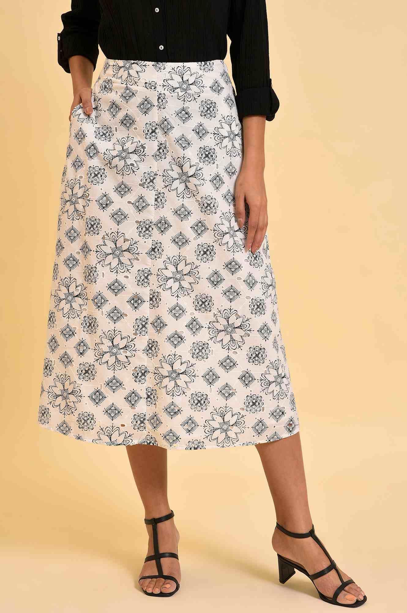 Ecru Printed Schiffli Skirt