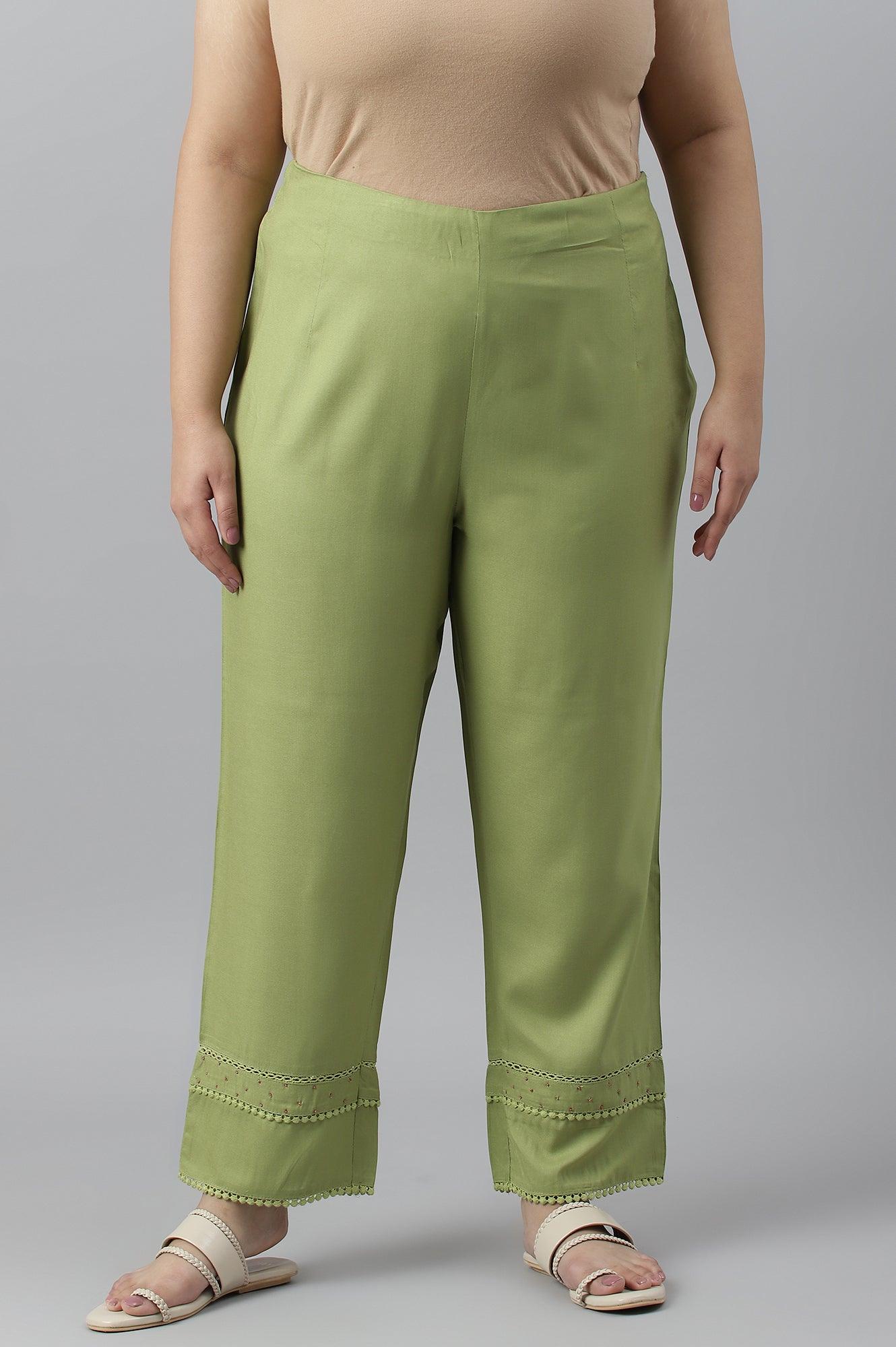 Green Straight Pants With Lace Details