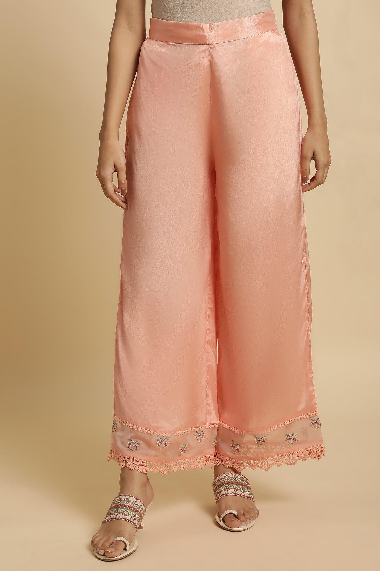 Pink Parallel Pants With Lace And Embroidery