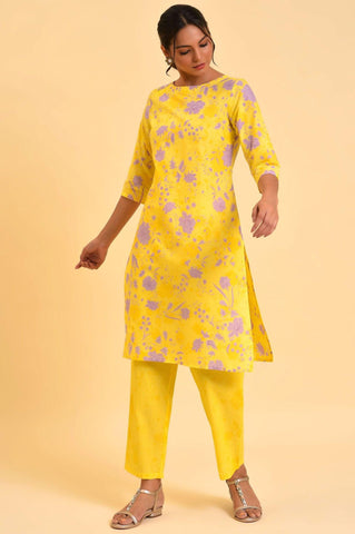 Yellow Floral Print kurta & Straight Pants Co-Ord Set