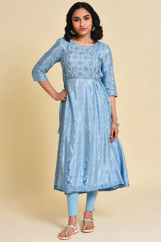 Blue Sequined Shantung kurta Set