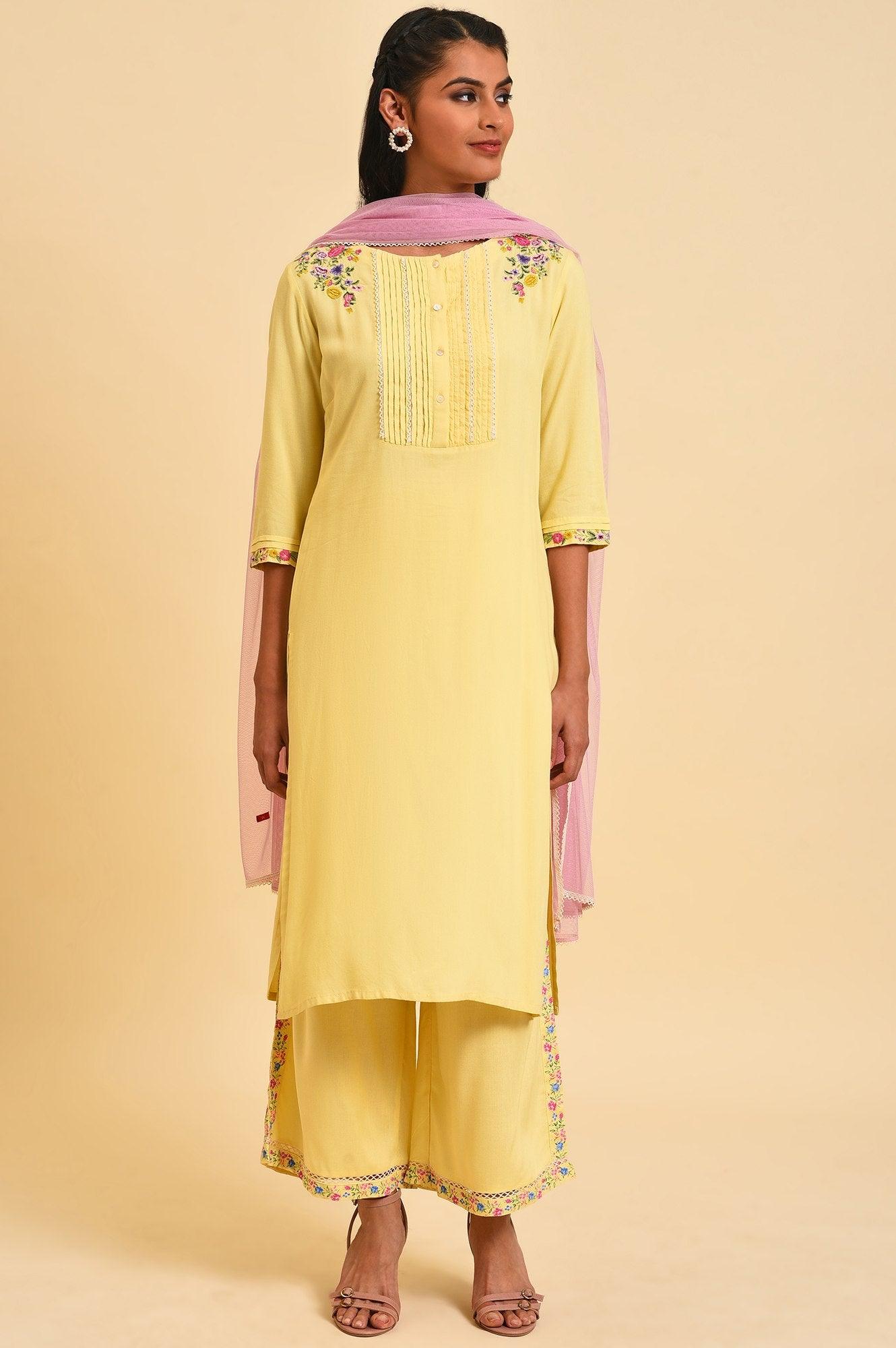 Yellow Embroidered Rayon Straight Kurta & Parallel Pants