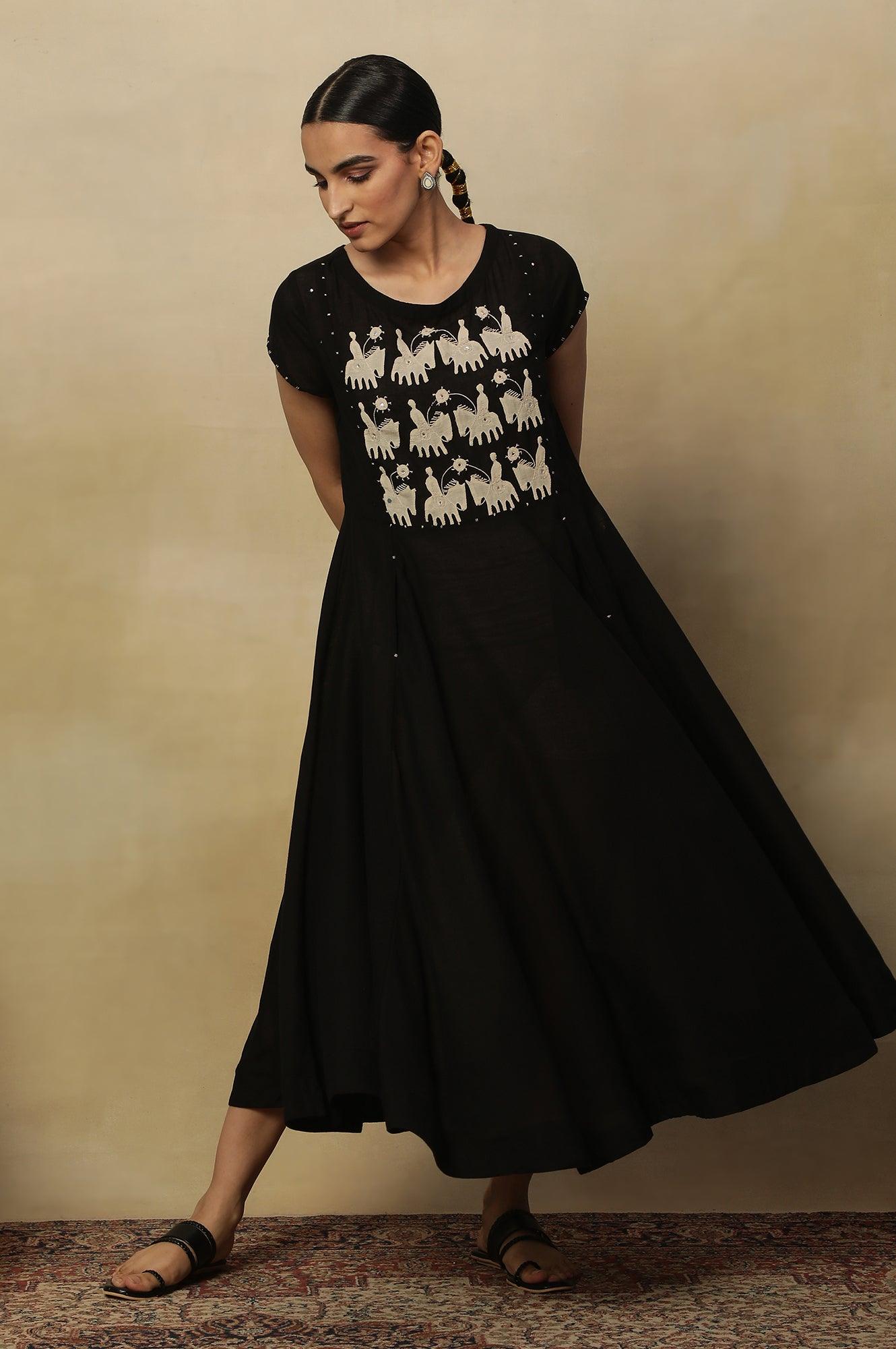 Black Modal Flax Applique  Dress