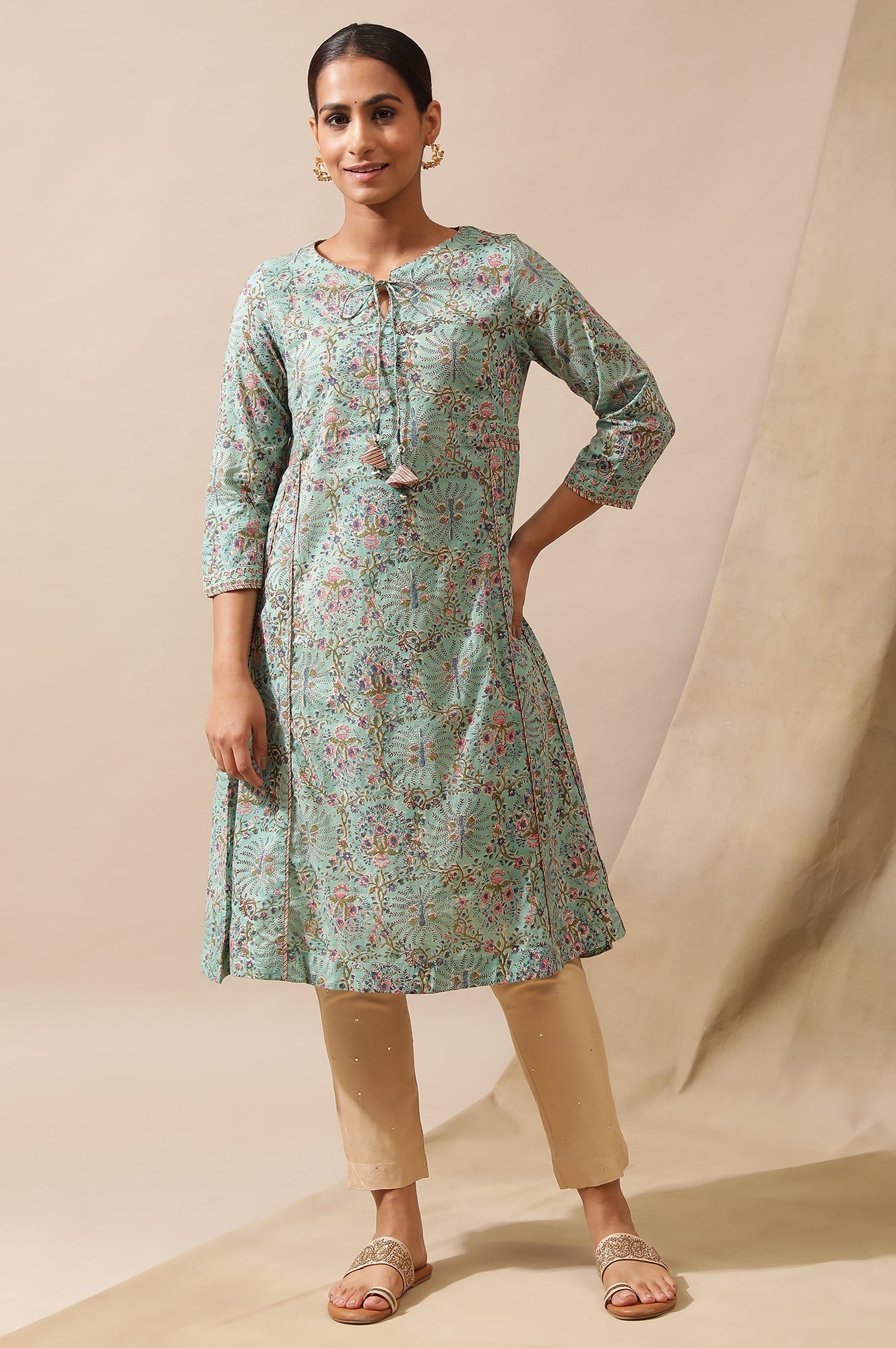 Green Flared Hand Block Print Kurta