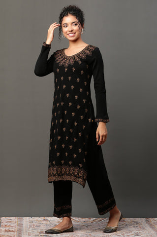 Black Floral Printed Winter Kurta and Palazzos Set