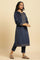 Blue Velvet Embroidered Kurta, Pants And Jacquard Dupatta Set