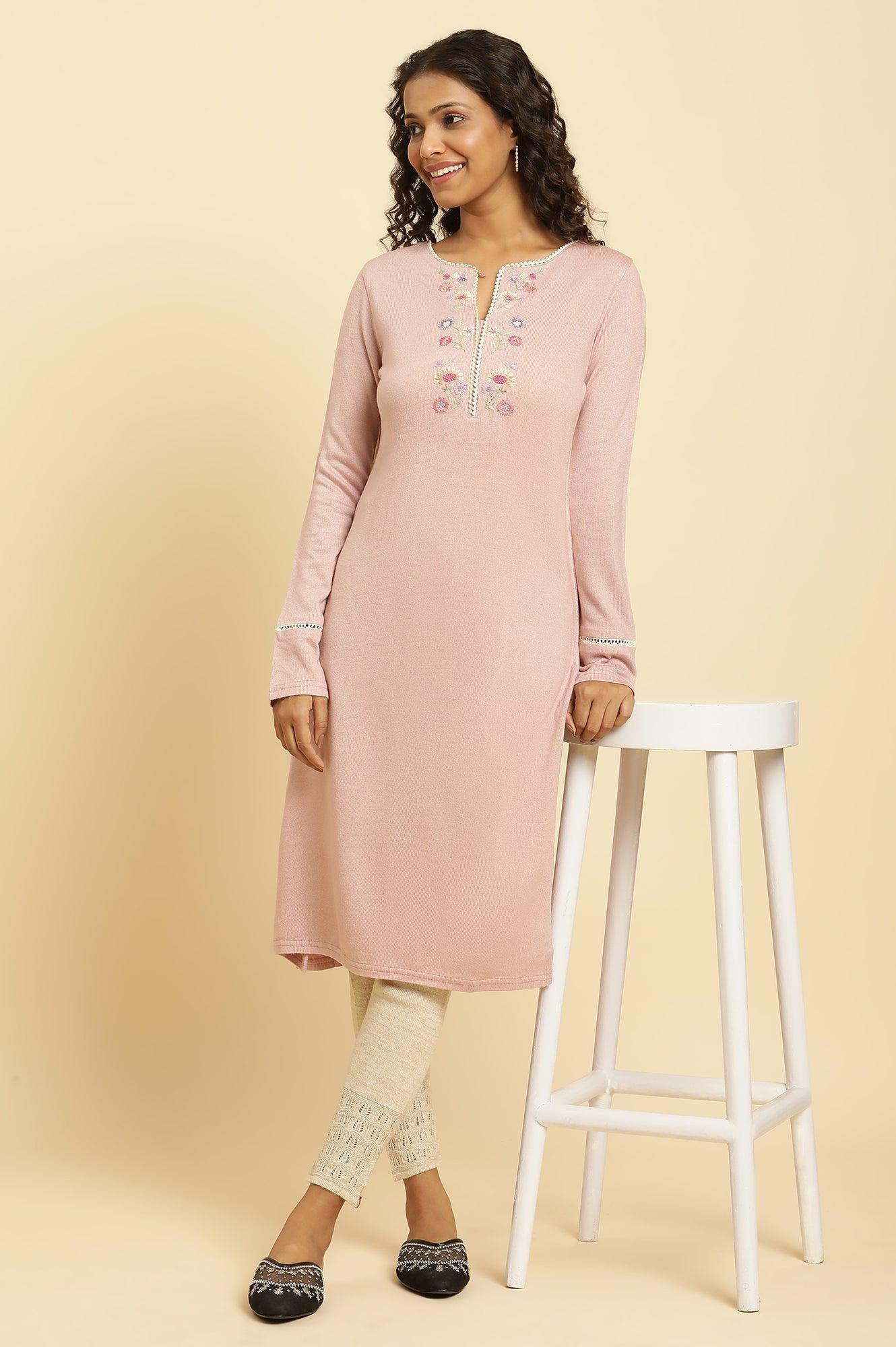 Lotus Pink Embroidered Winter Kurta