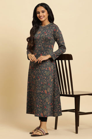 Blue A-Line Printed Winter Kurta
