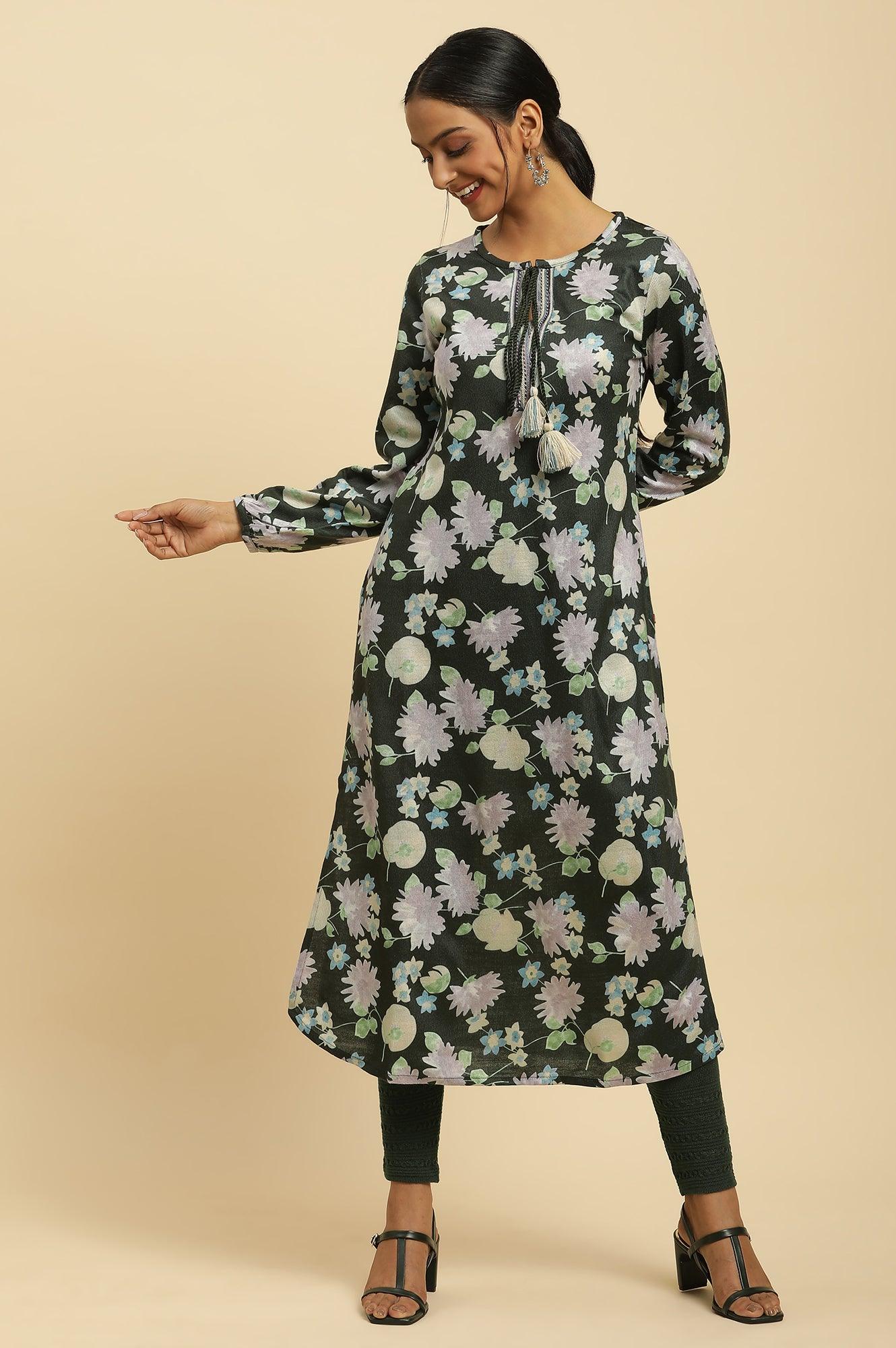 Green Floral Printed Winter Kurta And Tights Set