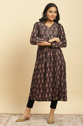 Black Paisley Printed Winter Kurta And Tights Set