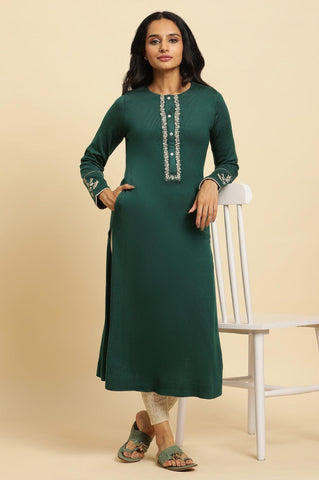 Emerald Green Embroidered Winter Kurta And Tights Set