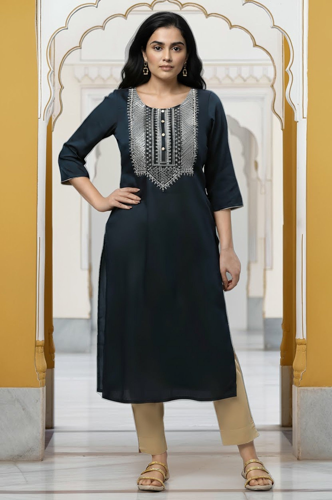 Blue Embroidered Festive Ethnic Kurta
