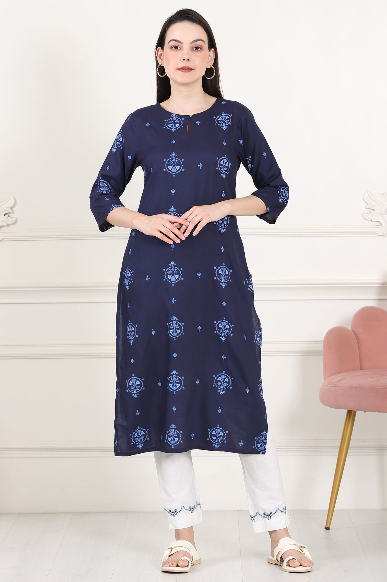 Blue Printed Pure Cotton Straight Kurta