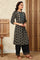Black Geometric Printed Rayon Crepe A-Line Kurta With Metallic Embroidery On Yoke